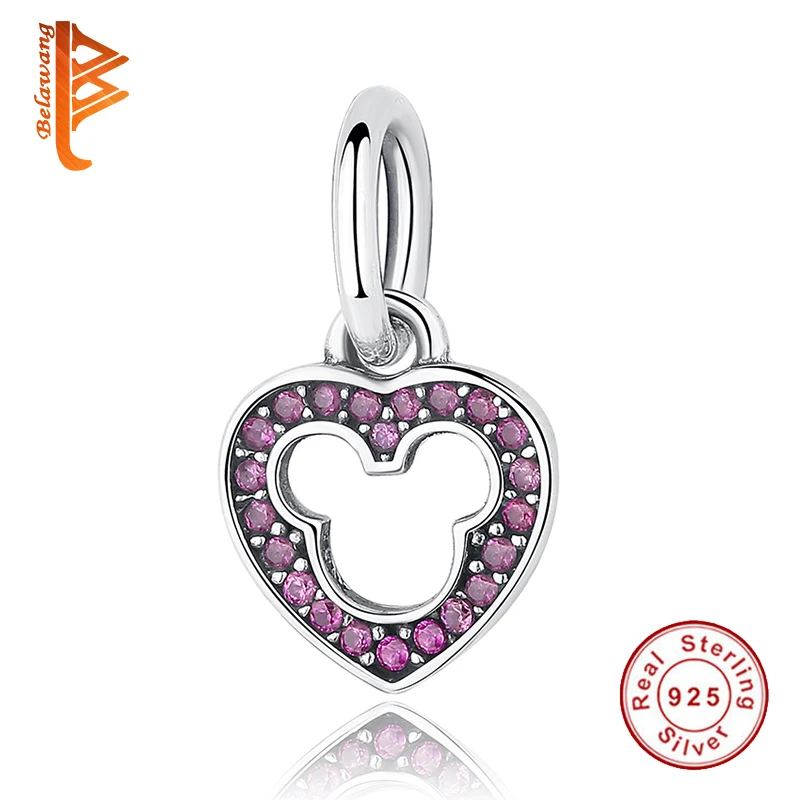 

BELAWANG 100% Real 925 Sterling Silver Pink Crystal Mickey Heart Charm Fit Original BW Charm Bracelet Authentic Jewelry