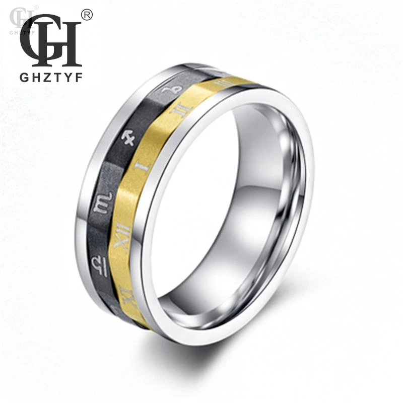 

Men's Titanium Steel Stainless Constellation Roman Numeric Rotating Ring Jewellery Gift Taurus Virgo Sagittarius Rotate Rings R7