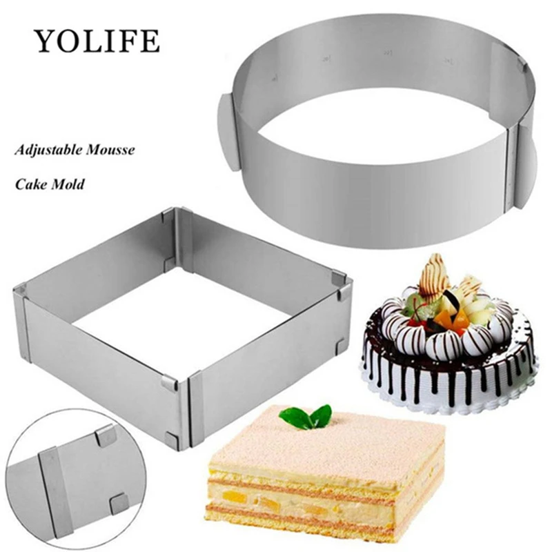 

2 pcs Adjustable Mousse Ring Set 3D Round & Square Cake Molds Stainless Steel Baking Moulds Cake Decorating Tools