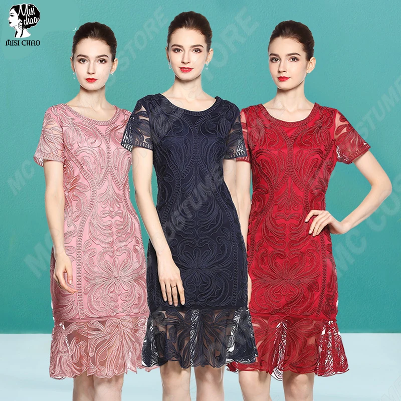 

Women Elegant Short Evening Dress Lace Mother of the Bride Dresses Plus Size Short Sleeve Wedding Party Gown O-Neck 3 Colour