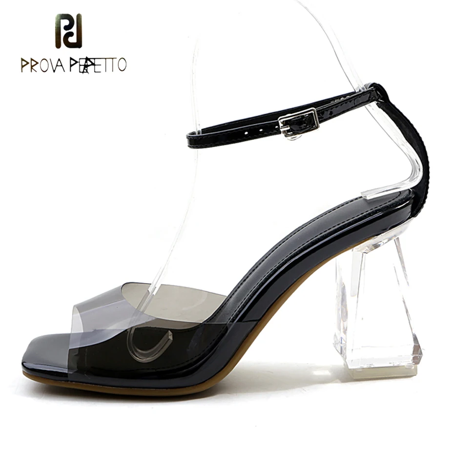 Prova Perfetto pvc women sandals transparent crystal heel peep toe sexy lady dress party shoes women buckle strap street sandals