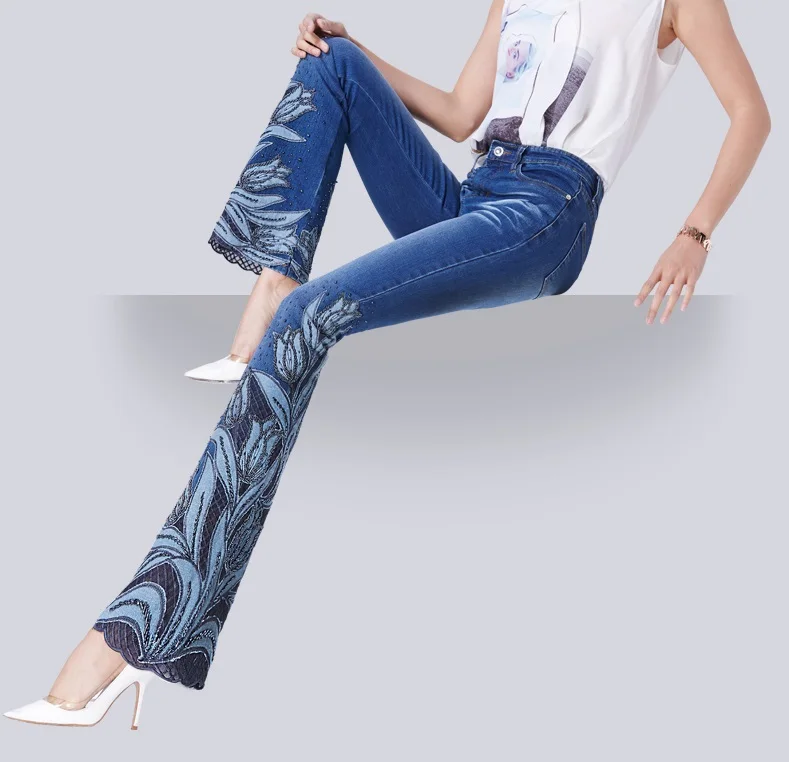 ACRMRAC Женская Вышивка бисером микро фолк-пользовательский Кружевной Край Высокая талия Эластичность тонкие брюки-Клеш Джинсы для женщин