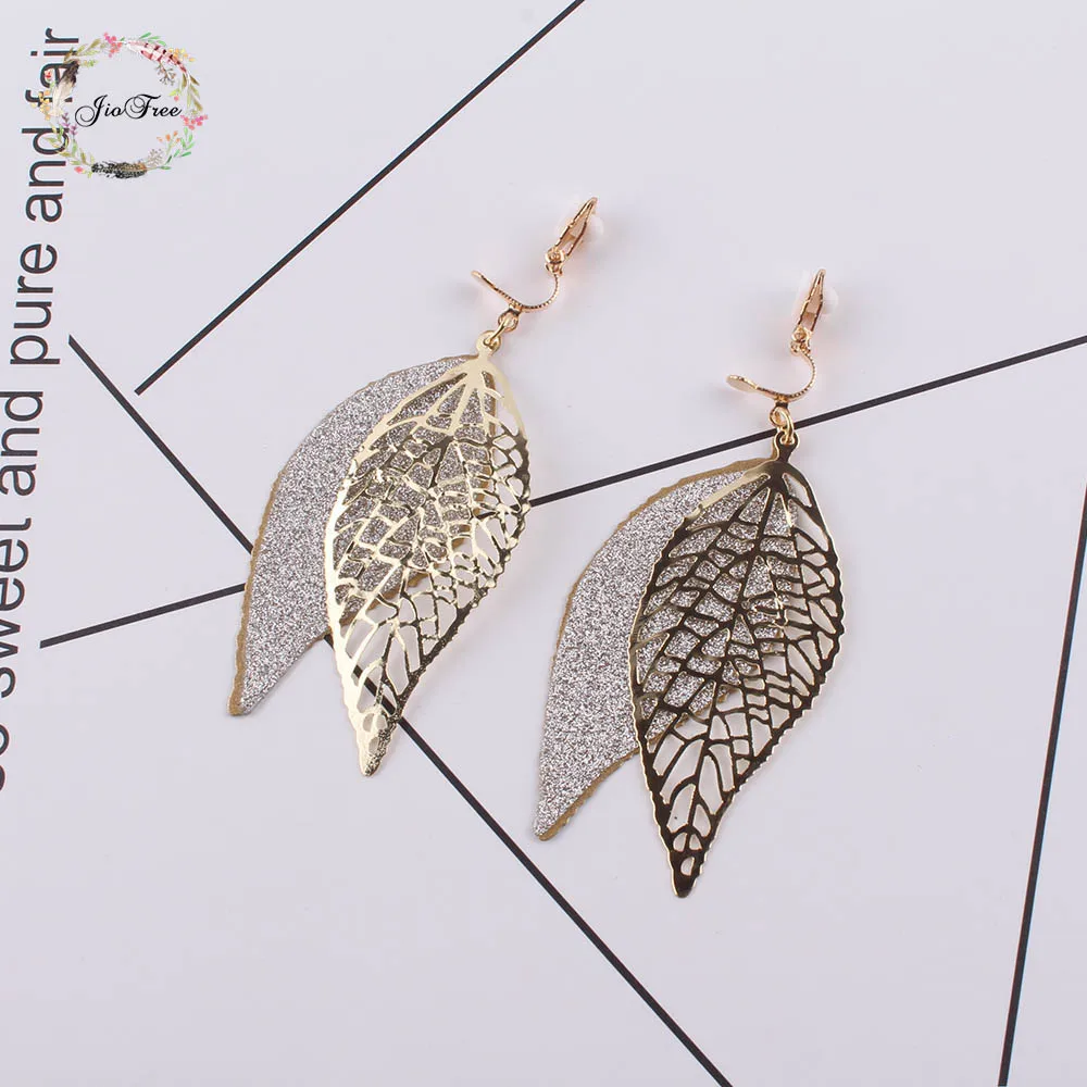 

JIOFREE Fashion Gold Silver Black Chic Jewelry Leaves Long Clip on Earrings Ear Wire Hooks For Women MultiLayer Hollow Earrings
