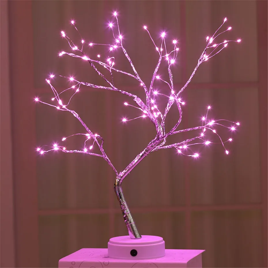 LED Tree Light Table Lamps 108 Bulbs Night light for Bedroom Wedding Party Christmas Decoration USB& Battery Copper wire Lights - Цвет абажура: Pink