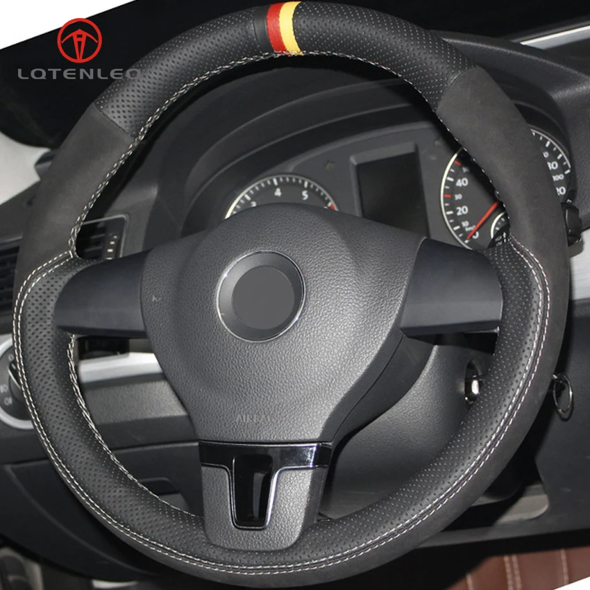 LQTENLEO Black Genuine Leather Suede Hand stitched Car Steering Wheel