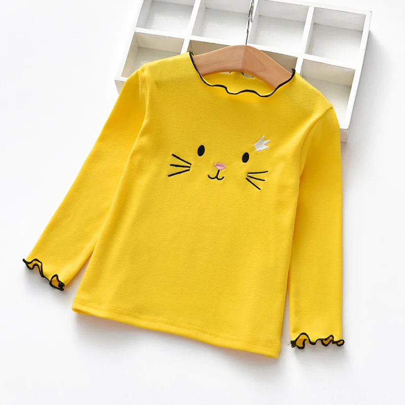 Нижнее белье для девочек; Лидер продаж; стильные рубашки с длинными рукавами и вышитым рисунком кота; костюм для малышей; милая детская футболка - Цвет: yellow