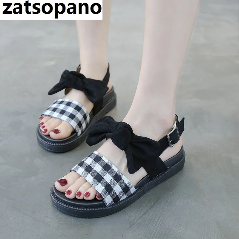 

Zatsopano 2019 Summer Plaid Bow Women's Sandals New Peep Toe Platform Ladies Sandals Flat Heel Woman Shoes
