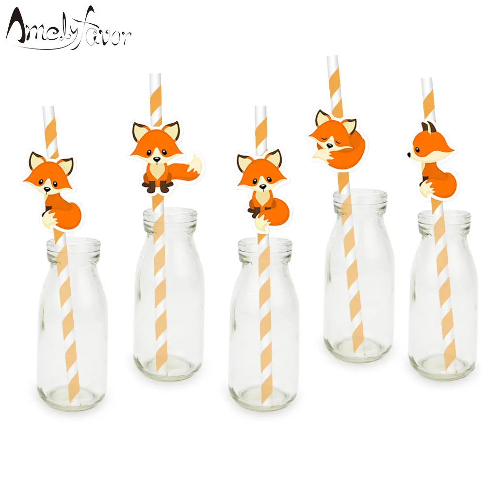 

Woodland Animal Theme Party Straws Fox Paper Straws Baby Shower Kids Birthday Event Party Decorations Supplies