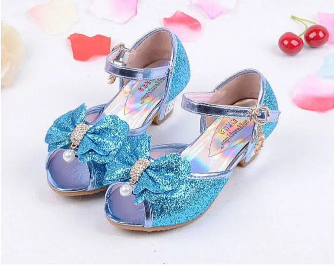Детские сандалии на каблуке для девочек; детская летняя обувь; модная обувь принцессы с бантом; сандалии для вечеринок для детей от 3 до 10 лет - Цвет: blue