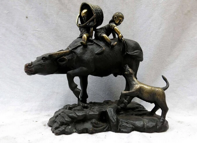 

wholesale factory 8" China bronze workmanship carved two boys on Ox and dog Sculpture Statue