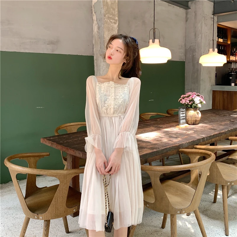mesh perspective Women's Clothing dress fashion brands Korean style flare sleeve off shoulder summer sweet dresses new hot
