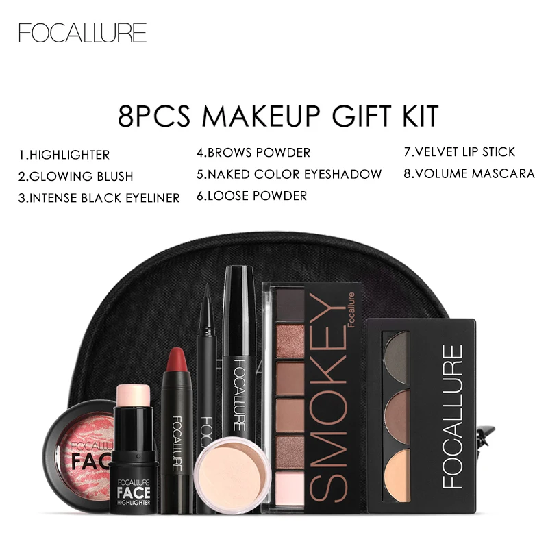 Focallure 8 pcs/set Makeup set including  Lipstick, eyeliner,Mascara, Eyeshadow, Eyebrow Powder,  Blush, Highlighter Cosmetics 