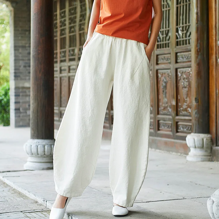 LZJN 2019 New Women Solid Color Pockets Loose Pants Vintage Elastic Waist Cotton Linen Wide Leg Full Length Pants (36)