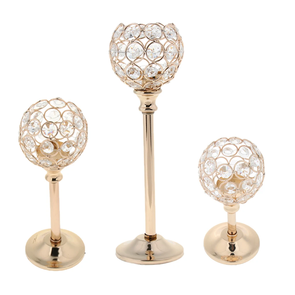 3 Height Golden Mosaic Crystal Wedding Present Candlestick Candle Tea Light Holder Stand for Events Wedding Home Party Decor