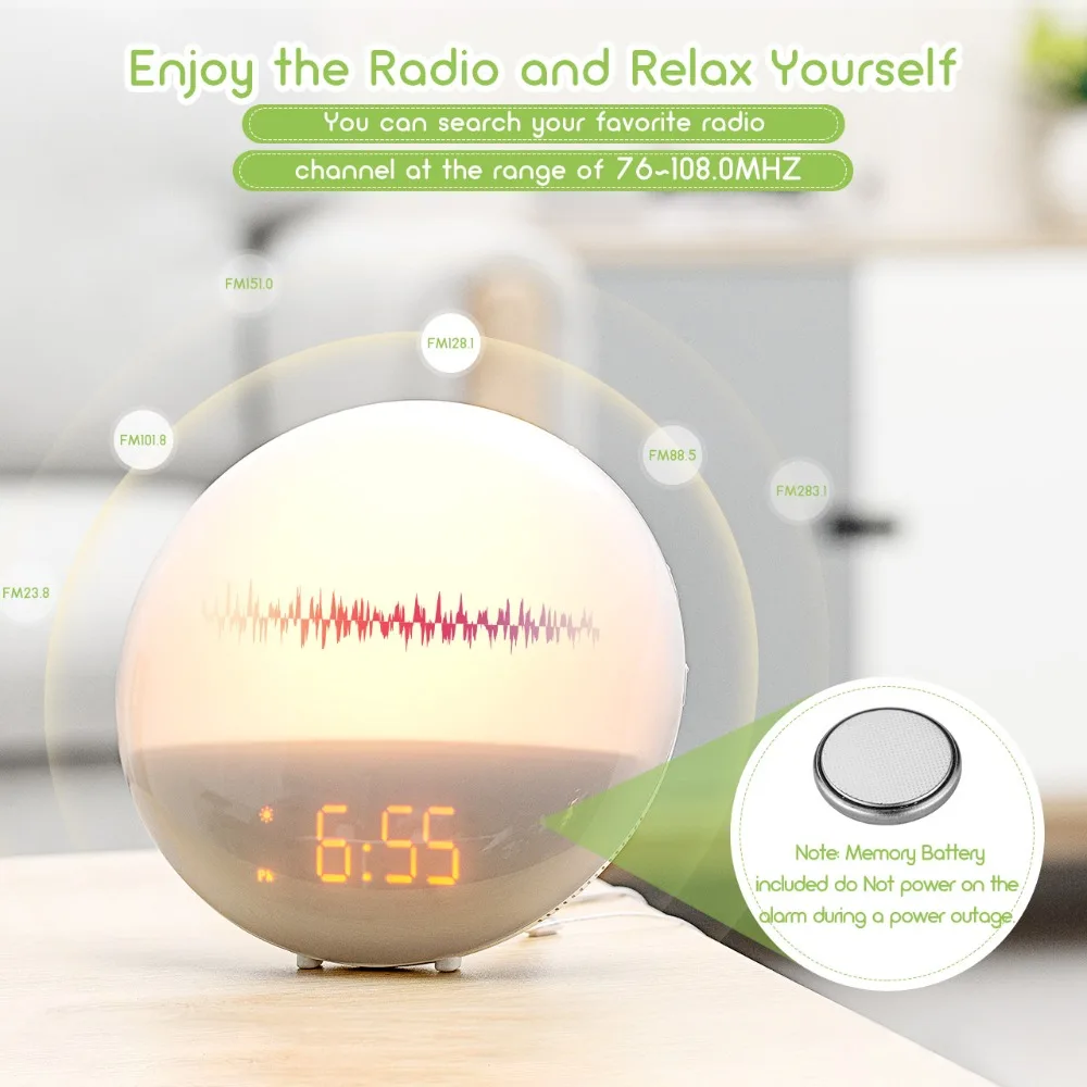 Mpow Led Wake Up Light Alarm Clock Sunrise Simulation Dual Alarm 6 Natural Sounds FM Radio Snooze Function Reloj Despertador 5