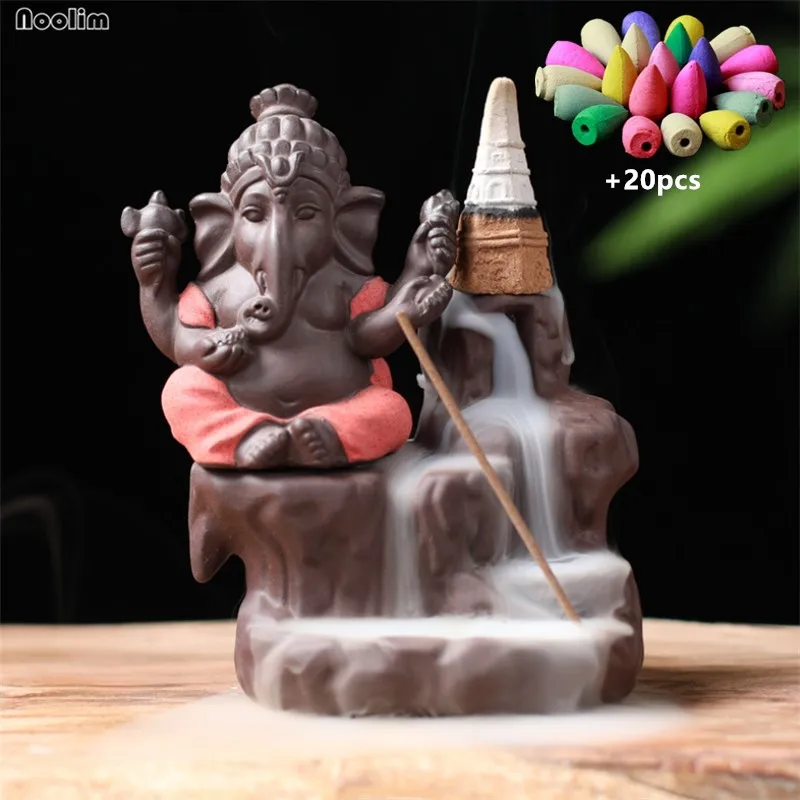 Керамический Индийский Слон Ганеш обратного потока благовония горелка Бог Будда статуи благовония курильница домашний декор+ 20 шт благовония конусы - Цвет: Red