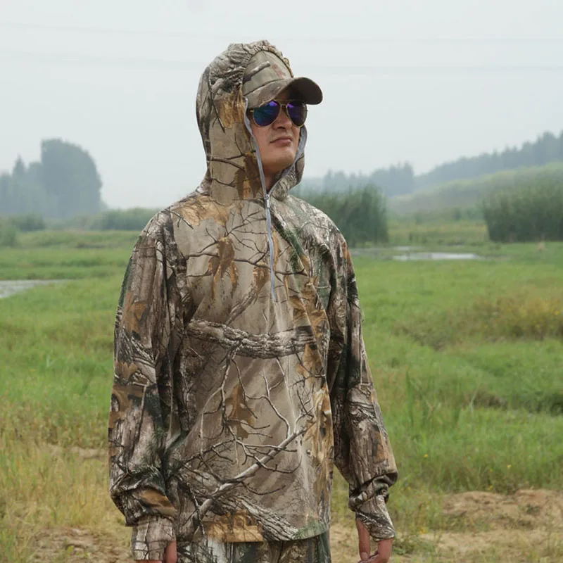 

Cotton Breathable Bionic Camouflage T-Shirt Tops Men Women Hunting Fishing Hiking Sunscreen Hooded T-Shirts Long Sleeve 4 Colors