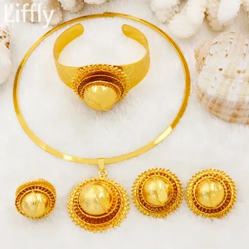 

Liffly High Quality Big Necklace Dubai African Gold Necklace Women Wedding Jewelry Party Fashion Luxury Bridal Jewelry Sets