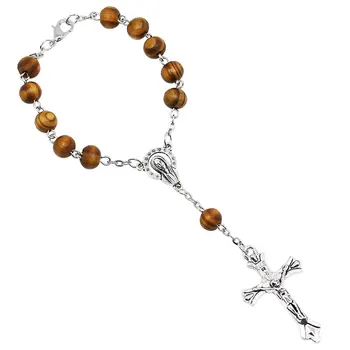 

Wholesale 100pcs/lot 8mm Bronze Wood Beads Religious Catholic Rosary Bracelet Unisex Men Pope Rosary Prayer Bracelets