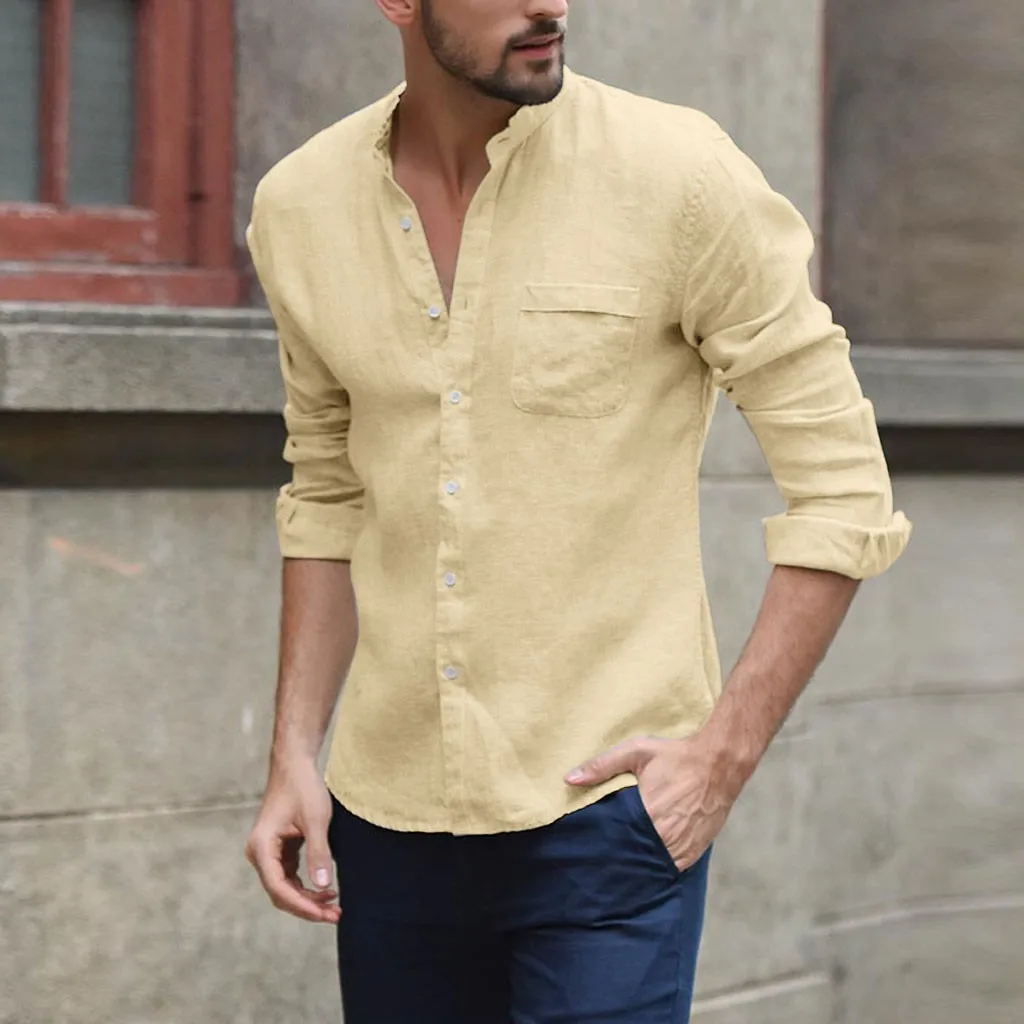 Мужская рубашка уличная мода мешковатые хлопковые льняные однотонные топы с длинными рукавами и карманами camisa masculina chemise homme