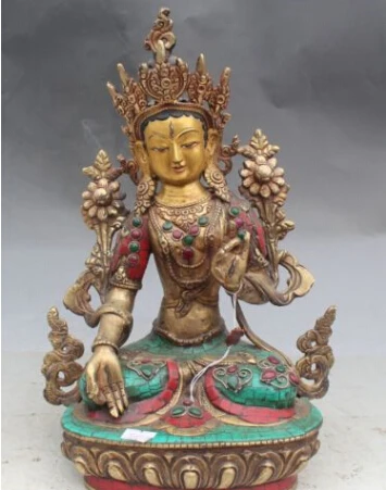 

JP S0024 14" Nepal Tibet Bronze Turquoise & Red Coral White Tara Goddess Buddha Statue (B0328)