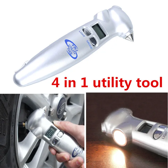 Prix pour Haute Précision 4 en 1 Numérique LCD Car Auto Tire Gauge pneu Mètre Pression + Automobile D'urgence Marteau + lampe de Poche + Cutter Prix pour Haute Précision 4 en 1 Numérique LCD Car Auto Tire Gauge pneu Mètre Pression + Automobile D'urgence Marteau + lampe de Poche + Cutter