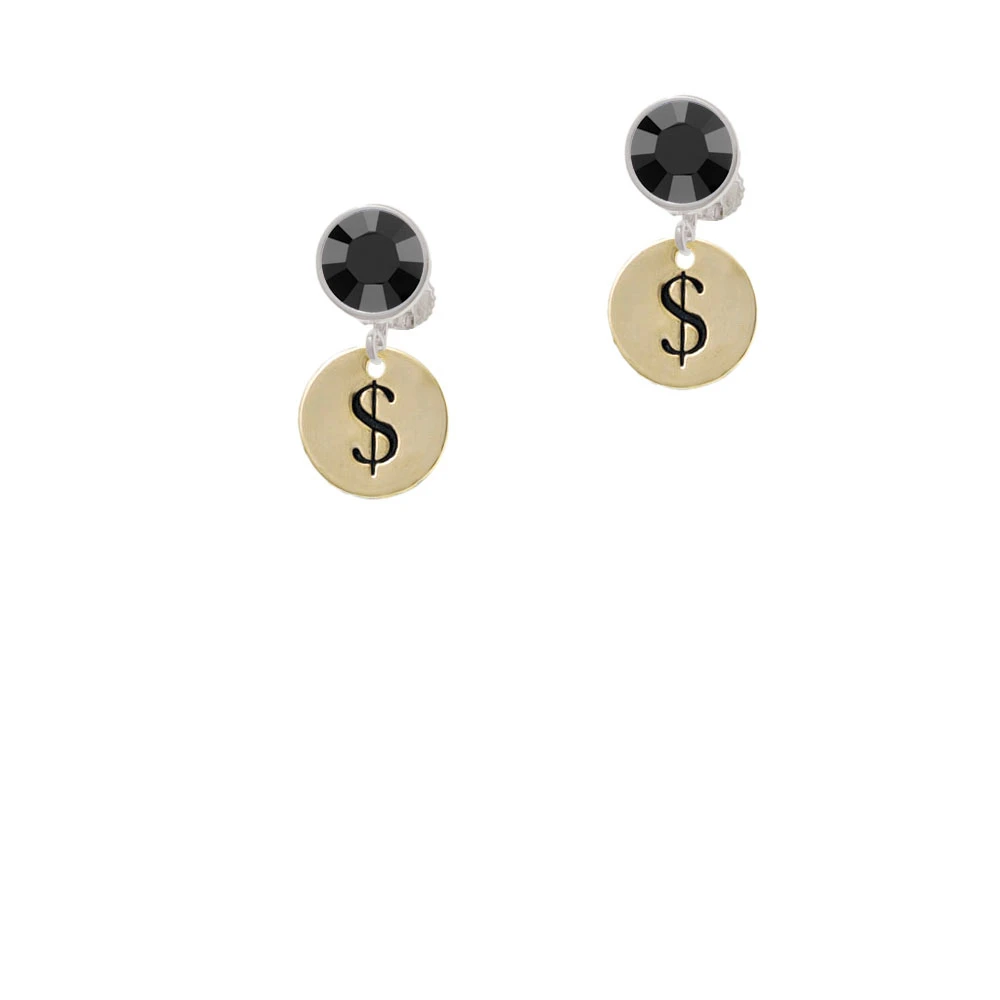 Gold Tone Disc 1/2'' - Symbol - Dollar Sign - $ - Crystal Clip On Earrings (2)