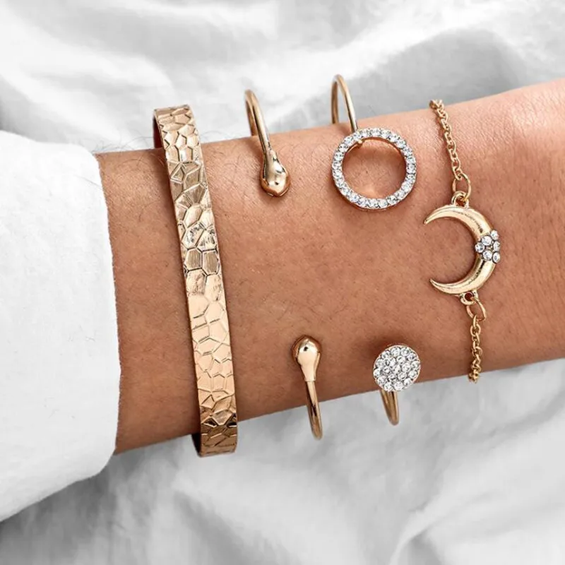 

DIEZI Korean Girls Round Moon Cuff Bangle Bracelet Sets Crystal Gold Silver Color Chain Bracelets For Women Jewelry Gifts
