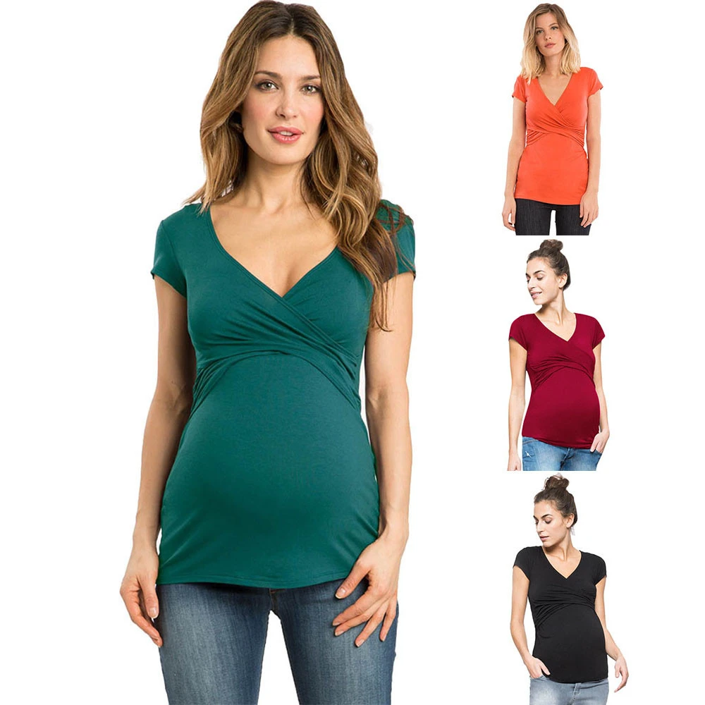 2019 mujeres sólidas bebé lactante embarazada para maternidad blusa multifunción Camiseta cuello pico ropa premamá embarazadas|Blusas camisas| -