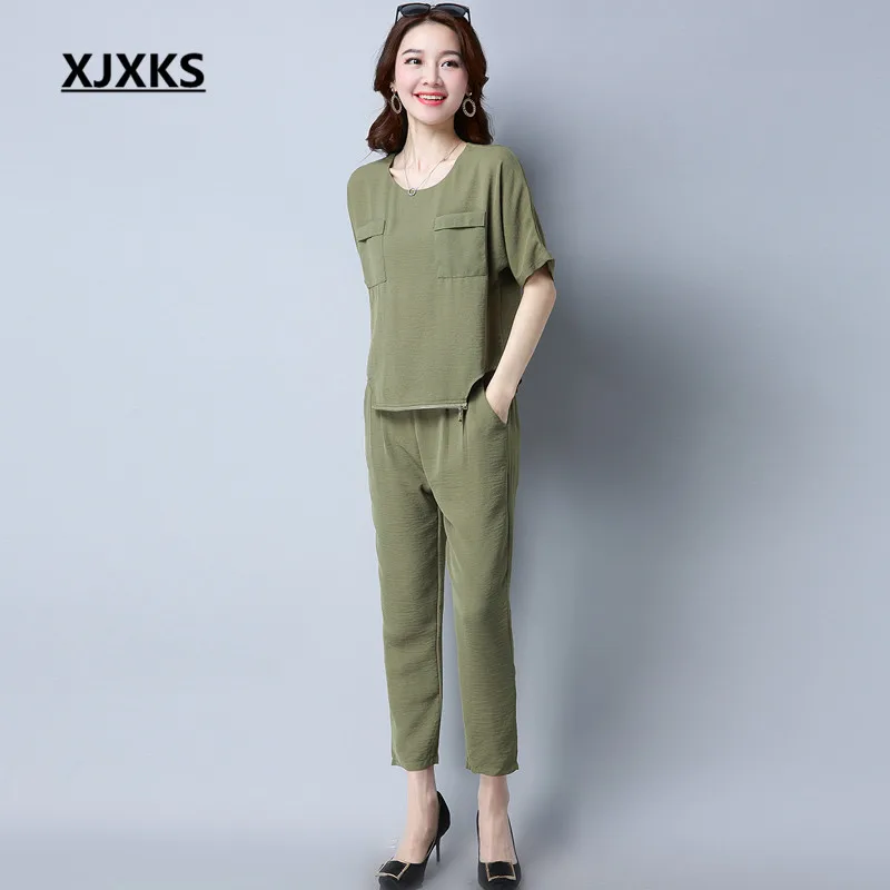 XJXKS Verão Solto Estilo Casual das Mulheres Duas Peças Patchwork Define Combinação 4 Cores Sólidos Tornozelo Comprimento Bolsos Conjunto 88815