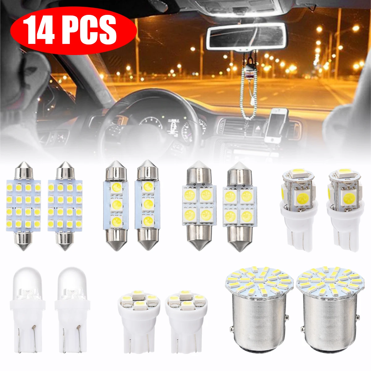 

14pcs/set White LED 1157 T10 31 36mm 12V Car Interior Map Dome License Plate Light Kit Car Styling