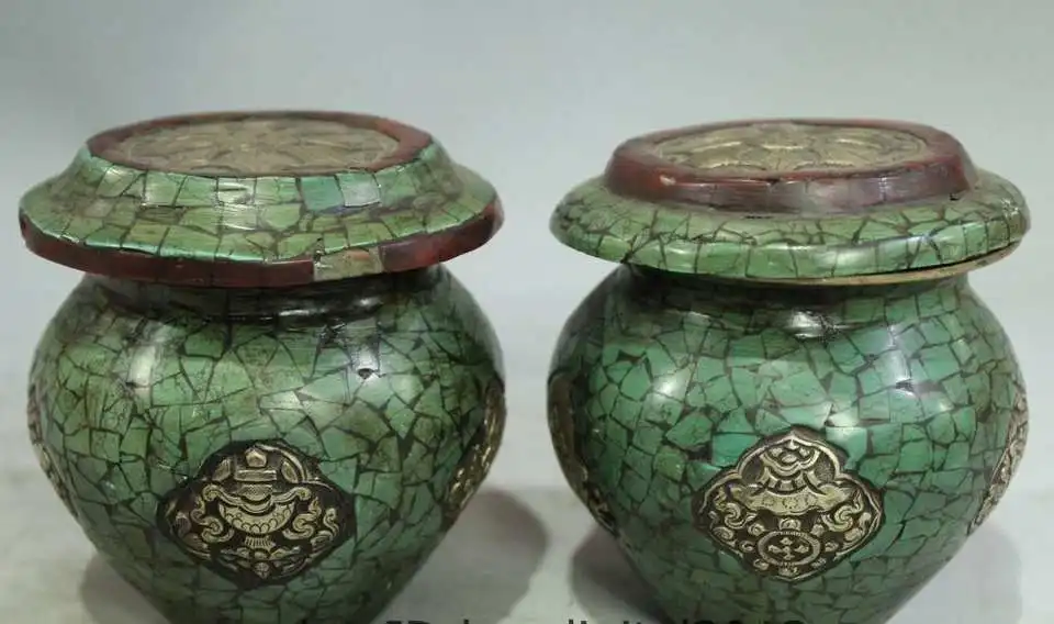 

4" Tibet Buddhism Temple Bronze inlay Turquoise 8 Auspicious Pot Vase Pair