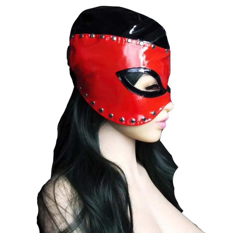 

Shiny PVC Leather Wet Look Mistress Hood Devil Mask with Black and Red Lined with Shining Rivets Fetish Halloween Costumes