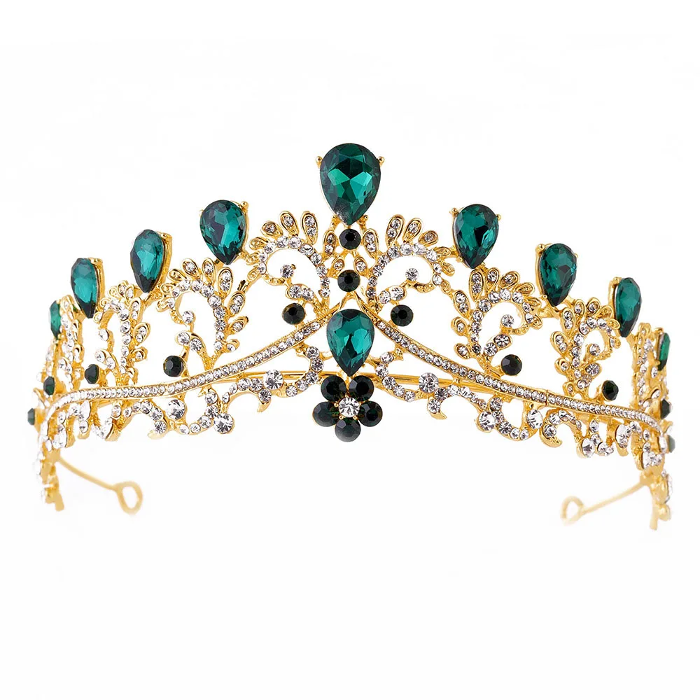 Зеленый кристалл золотые короны невесты Тиара Мода выпускного вечера королева для свадебной вечеринки Корона головной убор Свадебные украшения для волос - Окраска металла: N 16X7CM