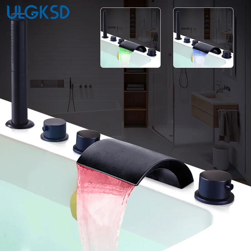 

Ulgksd LED Waterfall Spout 5 pcs Bathtub Faucet Oil Rubbed Bronze Mixer Taps Para Bathroom Shower Faucet W/ Handshower
