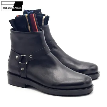 

British Winter Men Gothic Black Buckle Motorcycle Biker Ankle Boots Block Heels Top Quality Genuine Leather Work Safety Shoes