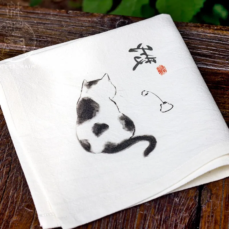  White Hand Painting Cat Cotton Handkerchief Gift Chinese style Women Fashion Accessories Thicken Na