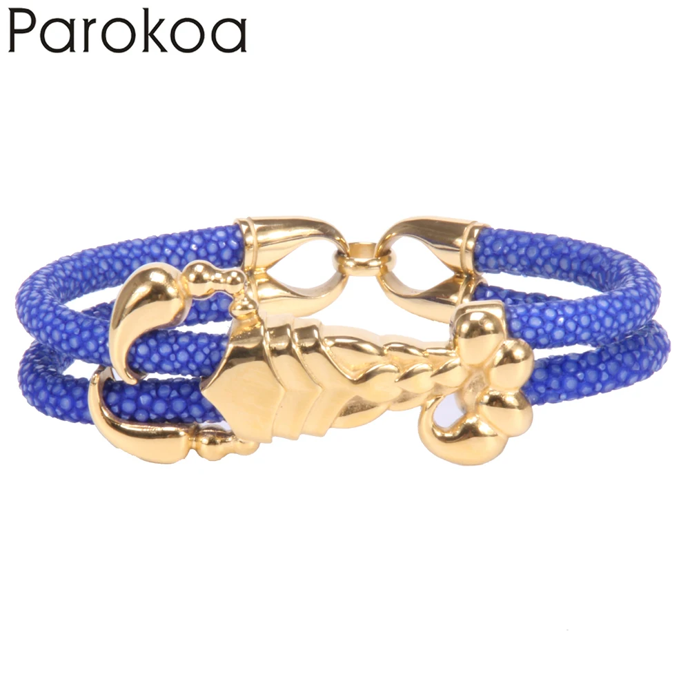 Parokoa Yellow Gold Scorpion Animal Pattern Light Blue Leather Parokoa Yellow Gold Scorpion Animal Pattern Light Blue Leather Bracelets Expensive Stingray Bracelet Luxury Gift For Father In Charm From Jewelry