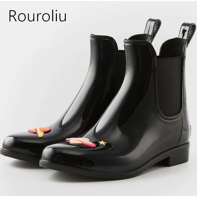 

Rouroliu Women Retro Cute Ankle Rain Boots Non-Slip Waterproof Female Water Shoes Wellies Elastic band Rainboots Woman RB143