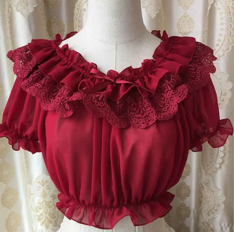 

Smiling Angel Women Lolita Frilly Chiffon Crop Top Blouse White/Black/Wine Red/Blue/Apricot Puff Sleeve Lace Bottoming Shirt