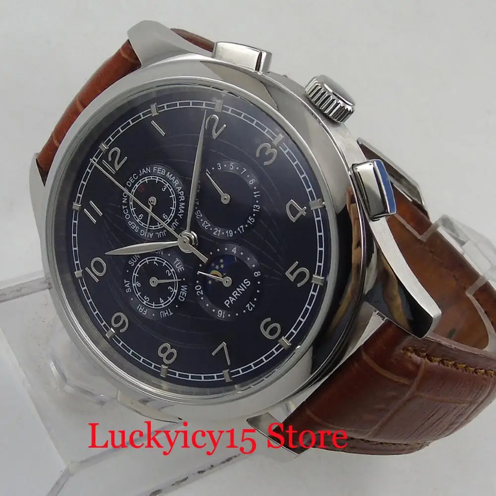  PARNIS Classic Style Men's Watch With Month and Week Function Brown Leather Strap 44mm Automatic Wa