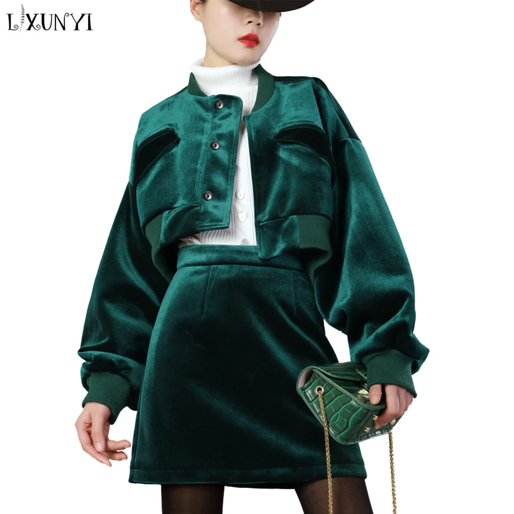 LXUNYI 2019 Новая Мода Бархатная юбка костюм комплект женский короткий топ жакет +