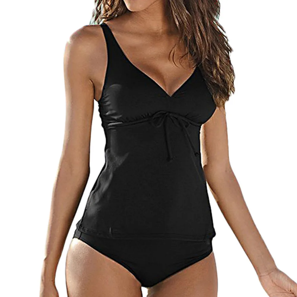 

Sexy bikini 2019 Pure Black V-Neck swimsuit Plus Size low waist padded tankini swimwear women two pieces bikini thong push up
