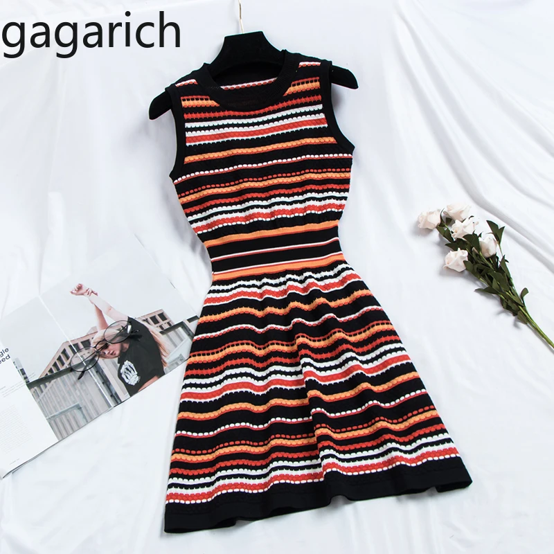 

Gagarich Women Party Dress 2019 Color Striped Female 2019 New Stretch Slim Skinny Vest Mini O-neck Vestidos