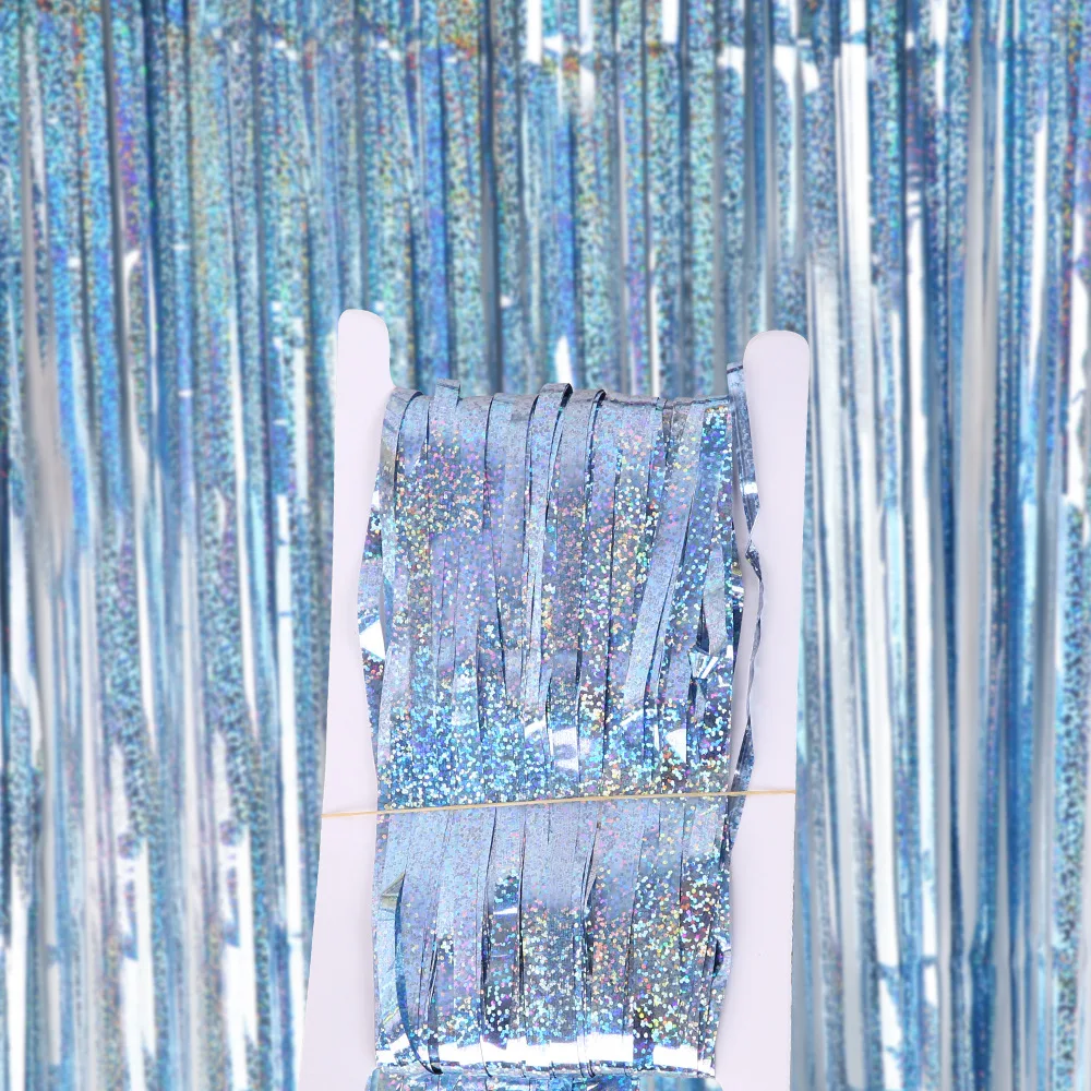 1 м* 2 м золотой серебряный металлический фольга занавеска мишень бахрома День рождения украшение свадебной фотографии фон занавеска реквизит для фото - Цвет: 1x2m Light Blue