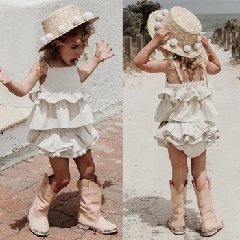 

Toddler Kid Baby Girl Causal Cotton White Clothes Headband Ruffle Sleeveless Sling Tops Pants Skirt Outfit New Fashion Sunsuit