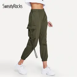 SweatyRocks эластичный пояс карман сбоку пот брюки для девочек Activewear армейский зеленый для женщин мотобрюки 2019 повседневное одноцветное Athleisure