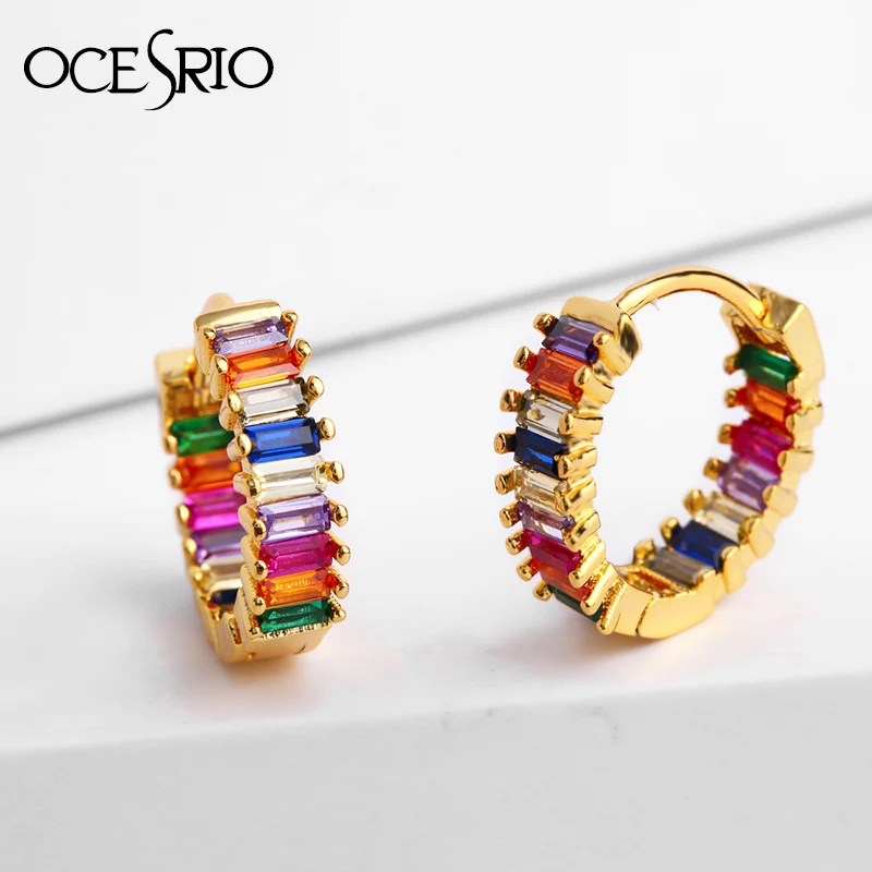 

OCESRIO Colorful Cubic Zirconia Hoop Circle Rainbow Earrings 2019 Baguette CZ Hoop Earrings For Women Wedding Jewelry ers-q05