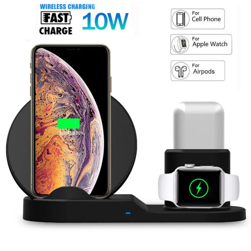 

3 In 1 Wireless Charger Dock For Iphone X XS Max XR Apple Watch 4 3 2 Airpods Desktop Stand Wireless Fast Charging Pad 10W