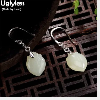 

Uglyless Natural White Jade Peach Earrings for Women 100% Real Solid 925 Silver Fine Jewelry Gemstones Heart-shape Earrings Gems
